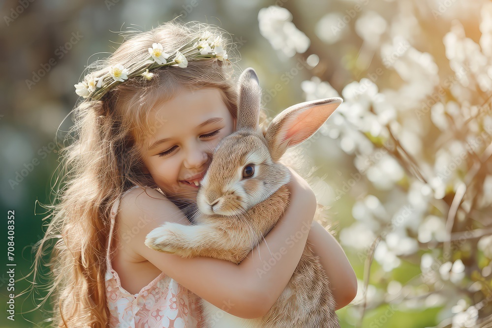 Happy young girl cuddling a cute bunny. Natural background. Happy young girl cuddling a cute bunny. Natural background.