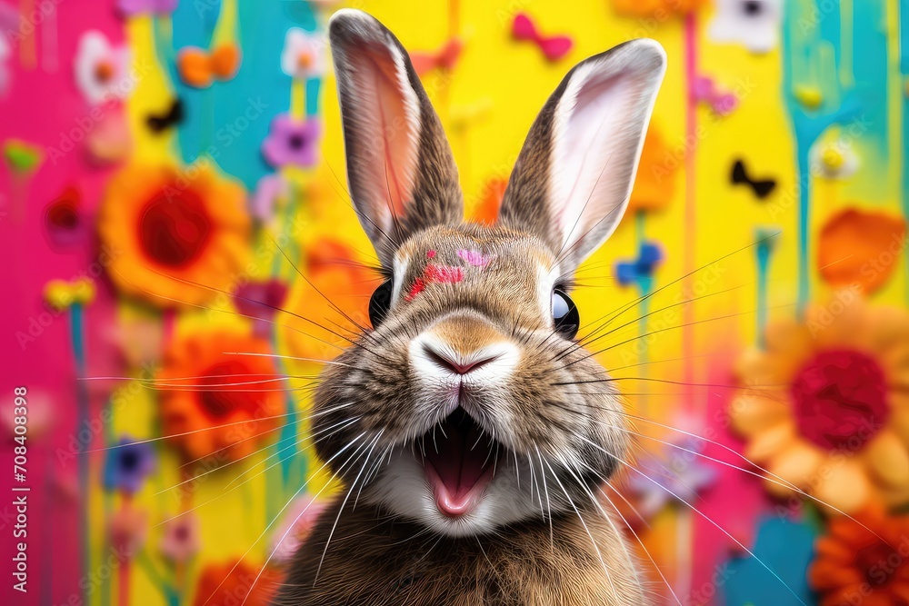 	
Cute Easter bunny on colorful background.
