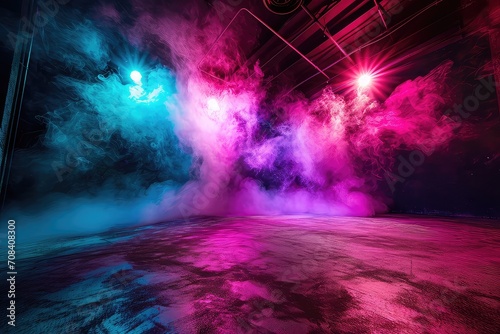 Empty concrete room with fog and pink neon light. May be used as background.