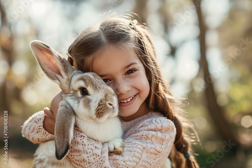 Happy young girl cuddling a cute bunny. Natural background. © Simon