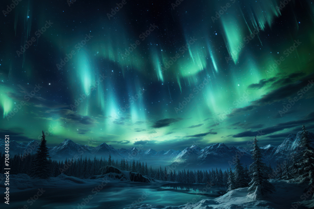 A mesmerizing celestial display of the northern lights dancing across the night sky, evoking a sense of wonder and cosmic beauty. Concept of natural wonders. Generative Ai.