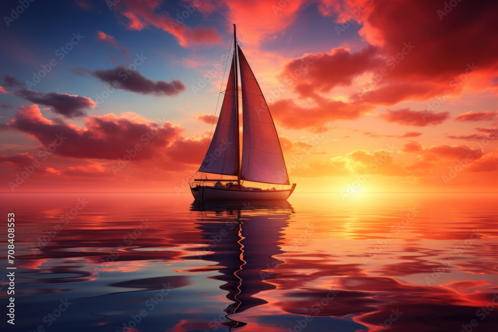 A lone sailboat navigating calm waters under a vibrant sunset, embodying the spirit of adventure and exploration. Concept of maritime journeys. Generative Ai.