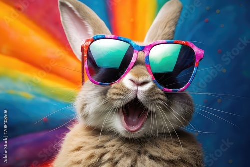   Cool Easter bunny with sunglasses on colorful background. © Simon