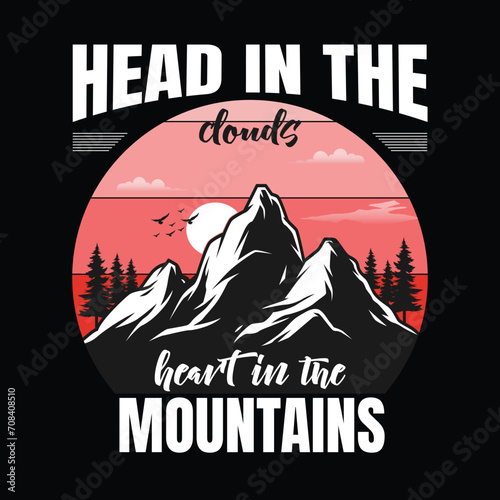 mountain t shirt graphic design, hand drawn line style with digital color, vector illustration