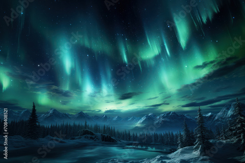 A mesmerizing celestial display of the northern lights dancing across the night sky, evoking a sense of wonder and cosmic beauty. Concept of natural wonders. Generative Ai.