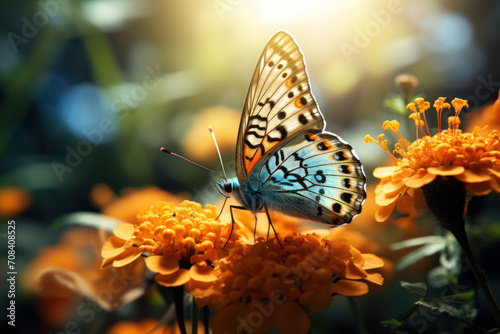 A delicate butterfly resting on a blooming flower, symbolizing the fleeting yet exquisite moments of life and transformation. Concept of fragility and beauty. Generative Ai.