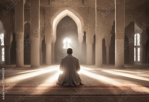 A man praying in the mosque.