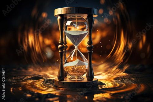 An intricately designed hourglass with golden sand slipping through, reminding us of the inevitability of time's passage. Concept of temporality and reflection. Generative Ai. photo