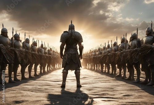 Image of a Warrior standing in front of thousands of warriors in the battle. photo