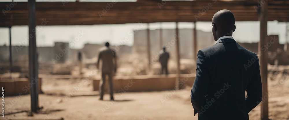 Black man in suit, seen from behind, looking at a construction site in Africa. - obrazy, fototapety, plakaty 