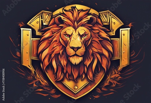 Aggressive Lion head in shield logo design. Lion king head sign concept.