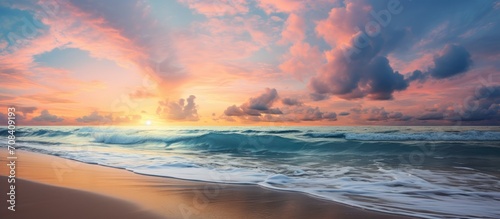 Inspiring beach vacation with serene seascape, soft sand, colorful sunset, and tranquil ambiance.
