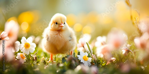 Easter chick in the grass, Easter background, copy space