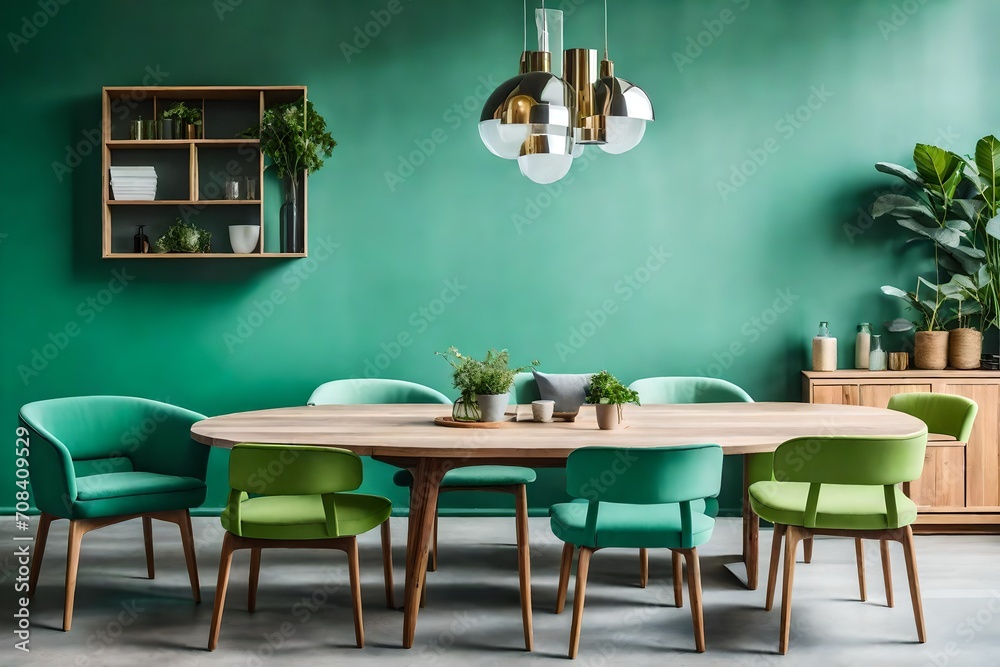 Mint color room have a chair and table.