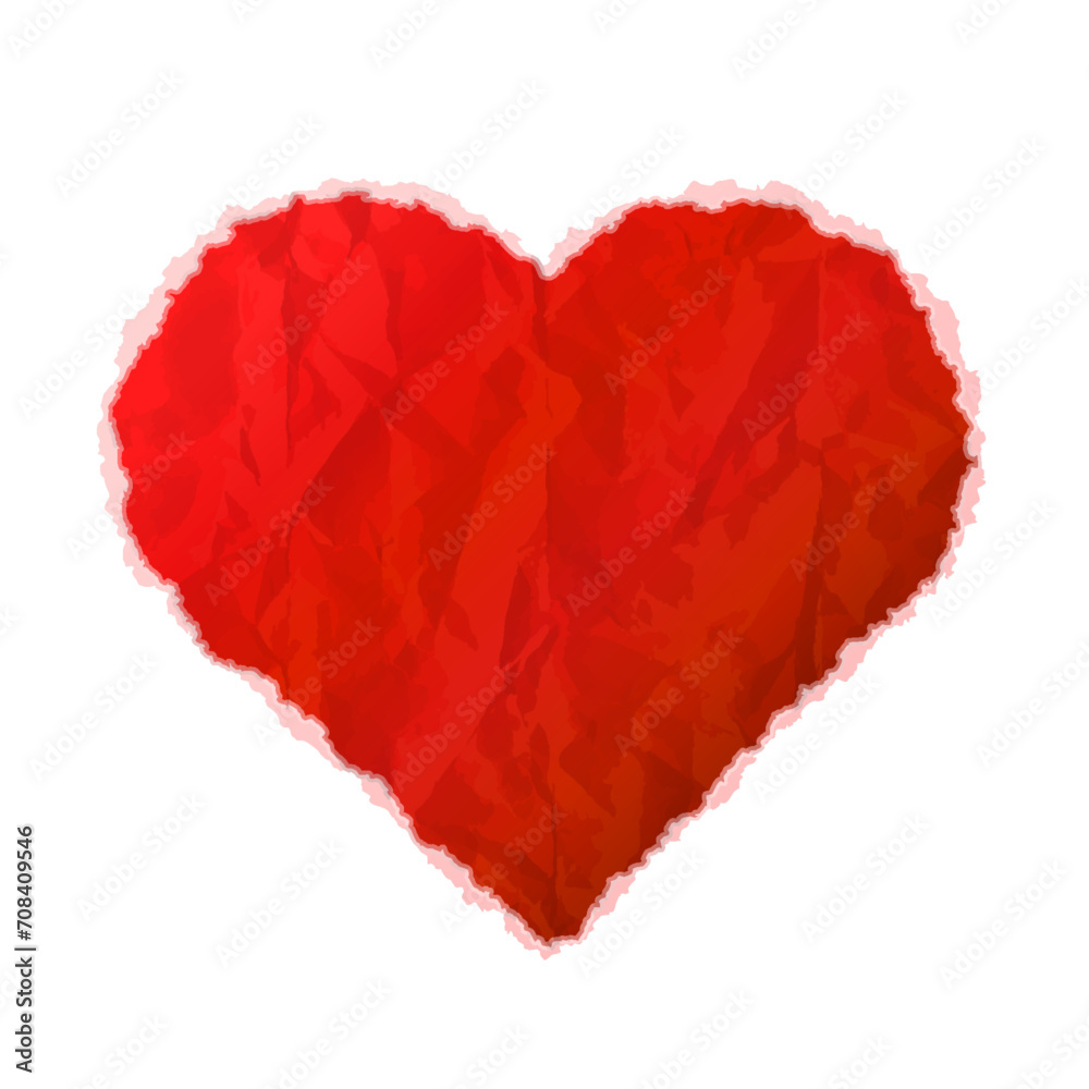 Heart symbol of crumpled paper isolated on white background. Red paper heart sign with torn edge. Vector image for valentines day, wedding, romantic relationship, decoration, love, etc