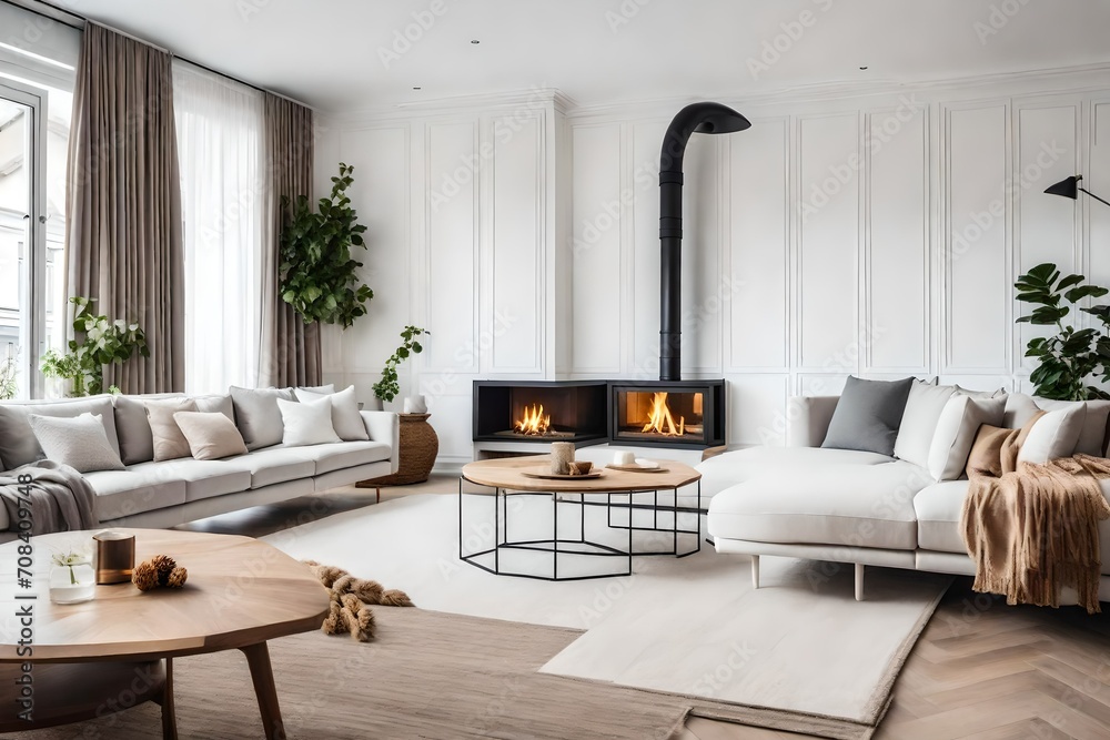Fototapeta premium Modern living room with fireplace and sofa.