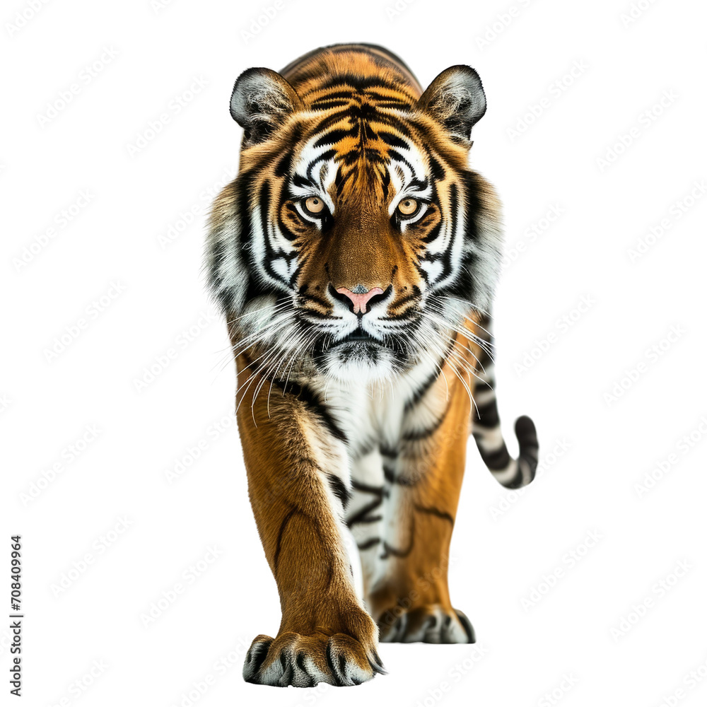 A tiger with striking stripes approaching the camera.