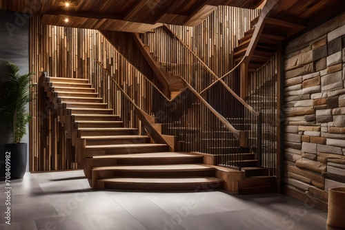 Wooden staircase and stone cladding wall in Cozy home interior design of modern entrance hall.
