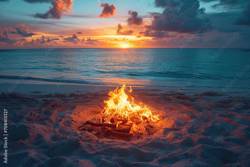 campfire crackling on sandy beach professional photography - obrazy, fototapety, plakaty 