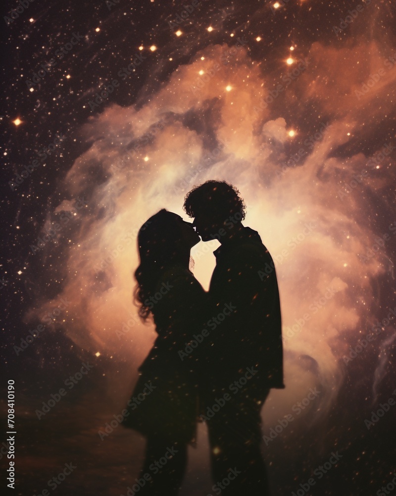 Couple kissing against magical sky