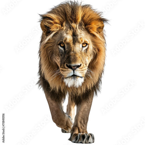 A majestic lion walks towards the viewer  exuding power. Transparent background.