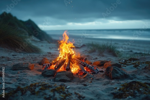 campfire crackling on sandy beach professional photography