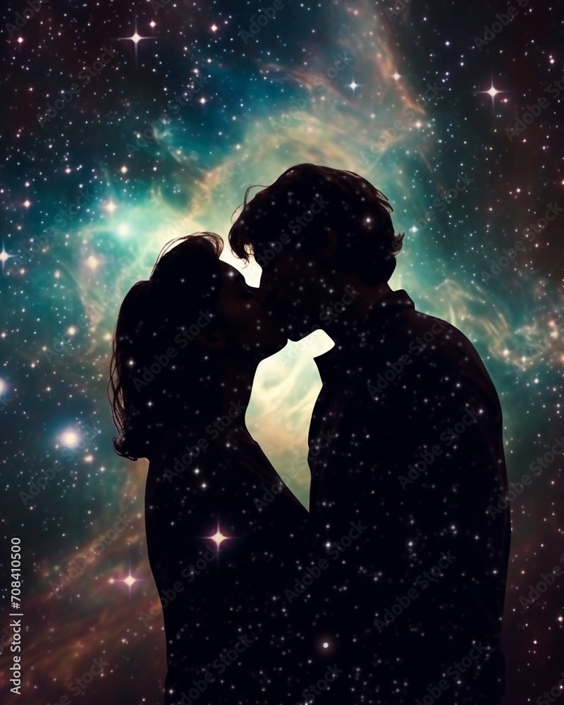 Couple kissing against magical sky