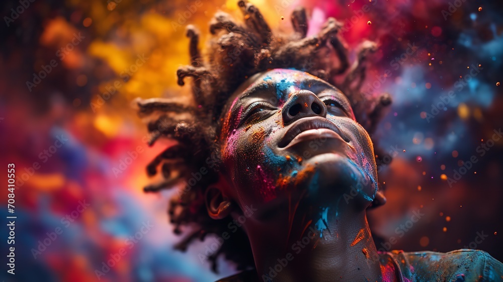 A young man enclosed in a vibrant paint explosion with his eyes closed, Generative AI. A young man enclosed in a vibrant paint explosion with his eyes closed, Generative AI.