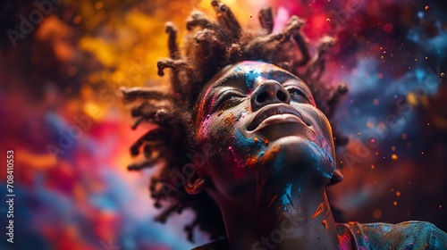 A young  man enclosed in a vibrant paint explosion with his eyes closed  Generative AI.