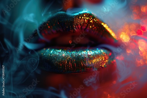 colorful closeup of a female lips exhaling smoke