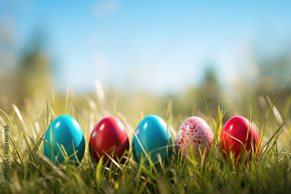 closeup of colorful Easter painted eggs on green grass on sunny spring day on blurred background closeup of colorful Easter painted eggs on green grass on sunny spring day on blurred background