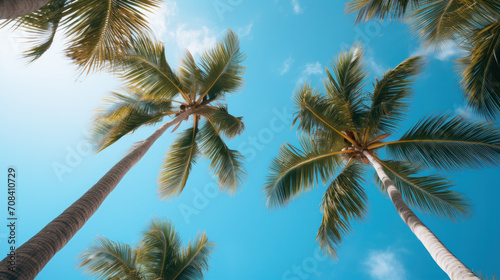 Looking up to the blue sky win sun behind the palm trees © Mik Saar