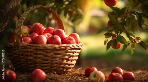 Apples that are red beneath the fruit tree in a basket, sweet, healthy, fresh, Generative AI.