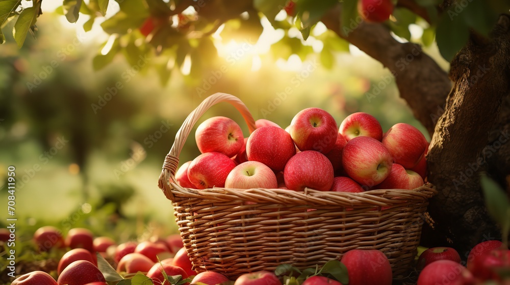 Apples that are red beneath the fruit tree in a basket, sweet, healthy, fresh, Generative AI. Apples that are red beneath the fruit tree in a basket, sweet, healthy, fresh, Generative AI.