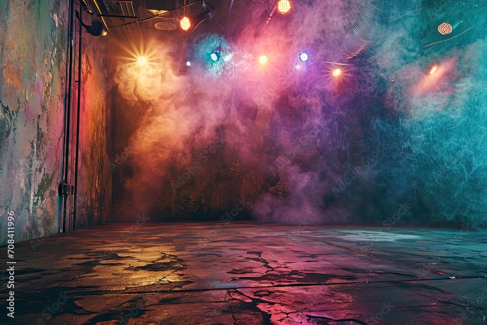 Empty concrete room with fog and pink neon light. May be used as background.