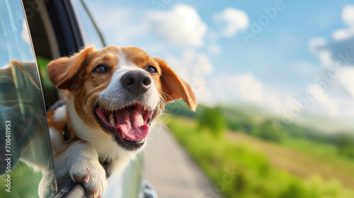 happy dog with head out of the car window having fun.