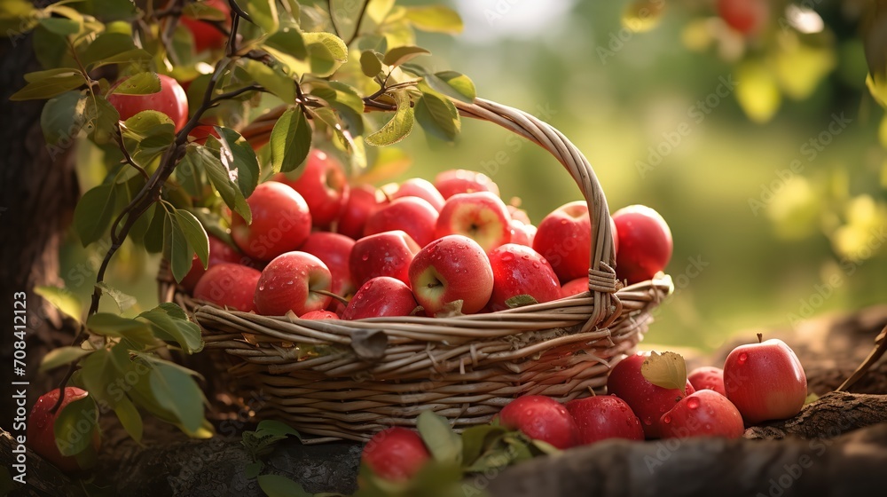 Apples that are red beneath the fruit tree in a basket, sweet, healthy, fresh, Generative AI. Apples that are red beneath the fruit tree in a basket, sweet, healthy, fresh, Generative AI.