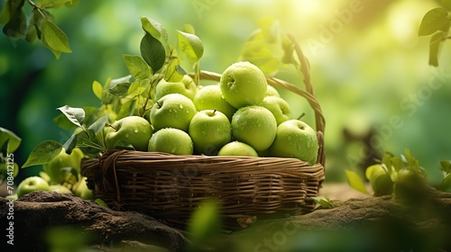 Apples that are green beneath the fruit tree in a basket  Generative AI.