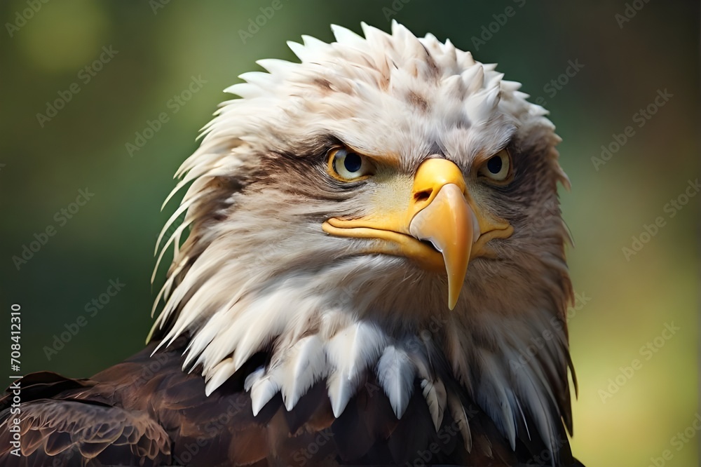 Fototapeta premium Close up portrait of American Bald eagle face isolated on nature background with copy space. haliaeetus leucocephalus. Front view of Bald eagle