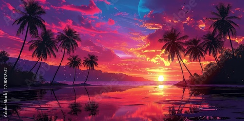 Artwork of a sunset at the beach with palm trees in retro style.