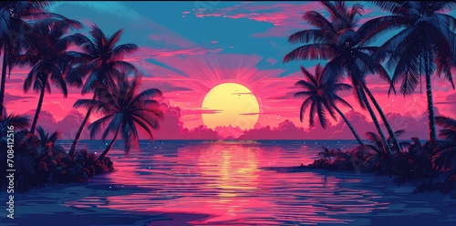 Artwork of a sunset at the beach with palm trees in retro style. © Simon
