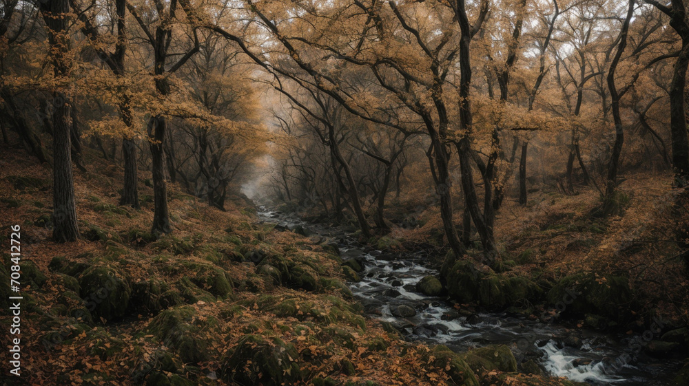 An cinematic movie scene includes several trees in a land