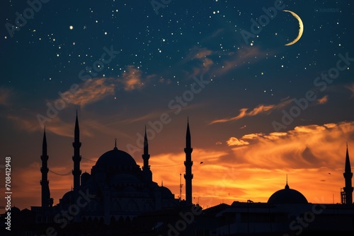 Majestic mosque silhouette emerges boldly against the enchanting canvas of a star-studded night sky, capturing the solemnity of a Ramadan celebration in the tranquil darkness.