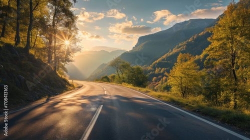 Highway Road and Mountain Sunrise