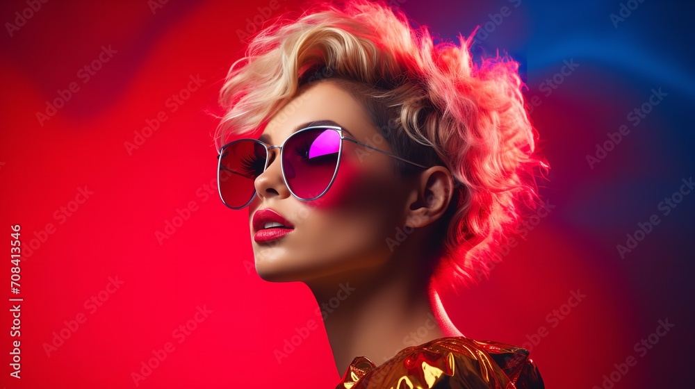 An attractive young woman in short hair wearing sunglass against a vibrant background, Generative AI.