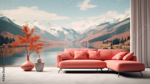 View of the mountains at sunset, Coral color sofa and armchair against window with river and mountain view, Ai generated image