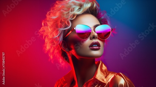 An attractive young woman in short hair wearing sunglass against a vibrant background  Generative AI.