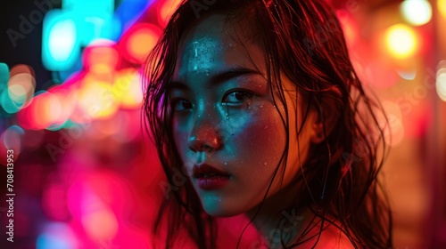 Asian Model in Colorful Lights