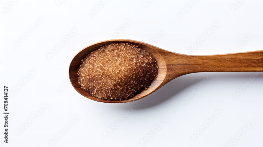 Brown sugar on a wooden spoon, seen from above, Generative AI. Brown sugar on a wooden spoon, seen from above, Generative AI.