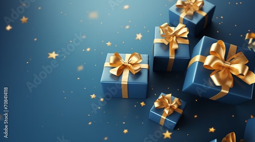 Blue background with gold bow on blue gift boxes, Generative AI.